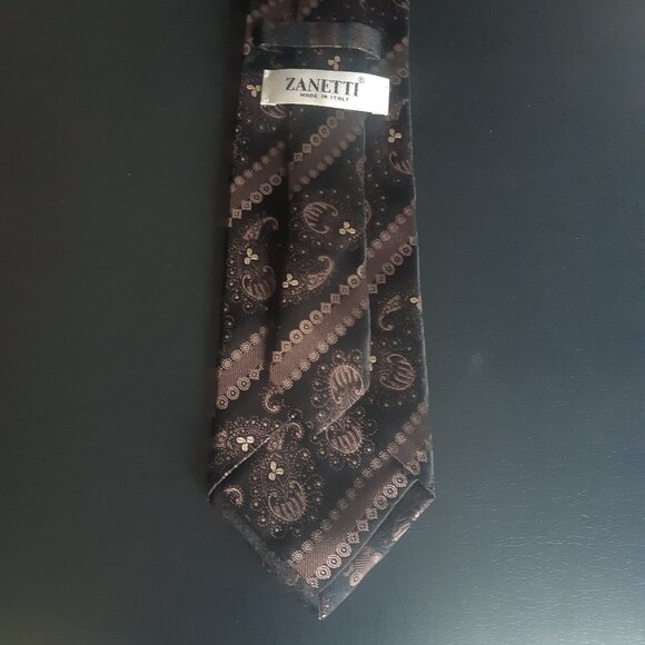 Zanetti Silk Necktie -Brown, Black & Tan Diagonal Stripe w/ Paisley - Picture 8 of 11